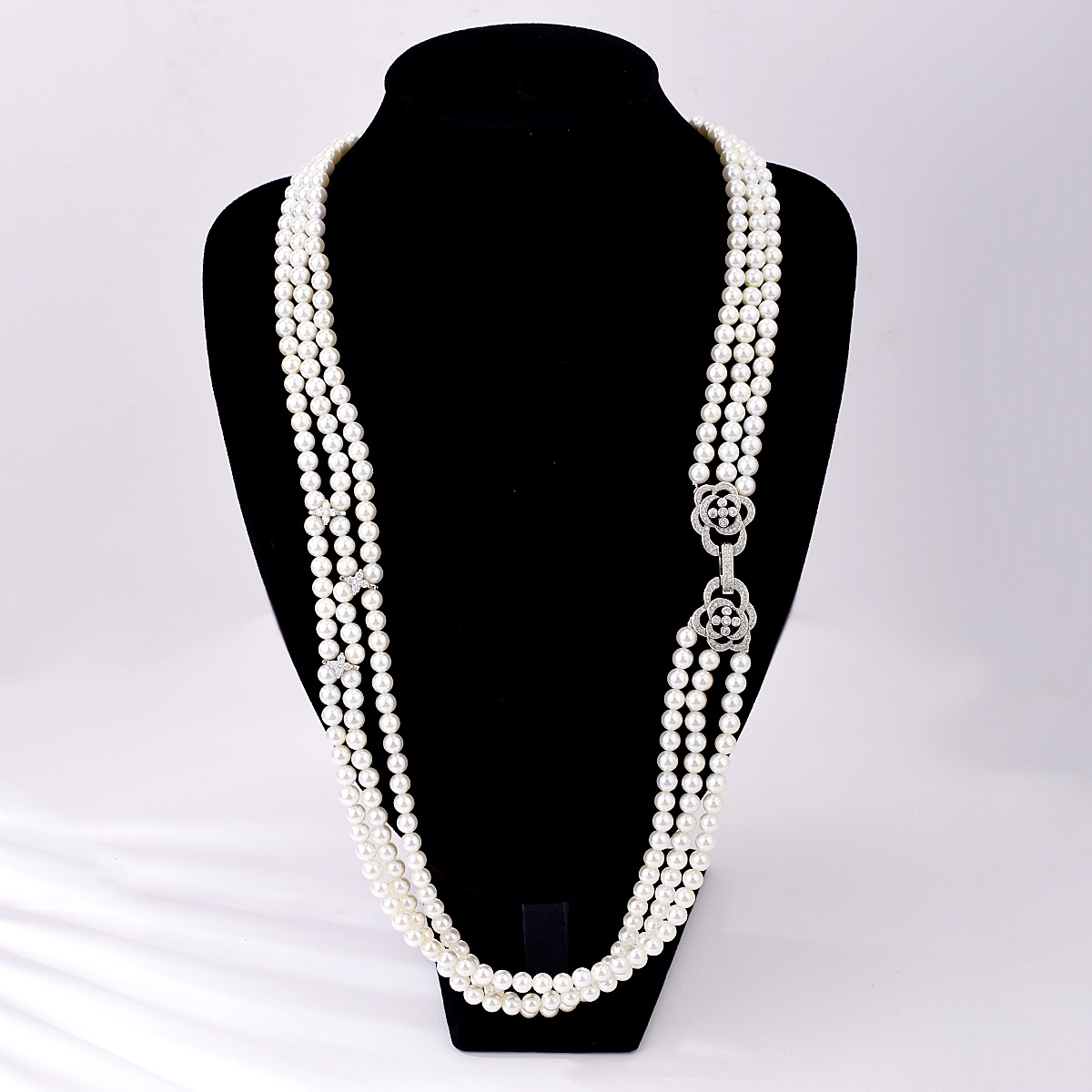 Inexpensive Platinum Plated White Long Chain Necklace of Original Design